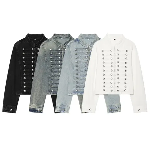 Damen Mode Stehkragen Jeansjacke Vintage Langarm Zweireihig Knopf Kurzer Mantel Oberbekleidung