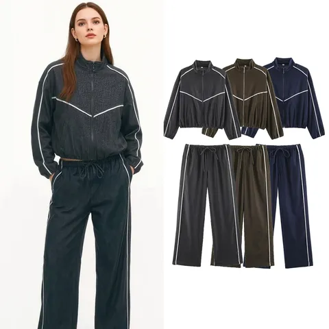 Femmes Casual Colorblock Col Montant Veste Zippée Et Pantalon De Survêtement Haut Et Bas Tenue Mode Manches Longues Activewear