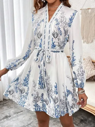 Women's V Neck Long Sleeve Bohemian Printed Midi Dress Vintage Loose Fit Lantern Sleeve Belted Floral Beach Vacation Dress