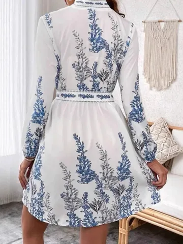 Women's V Neck Long Sleeve Bohemian Printed Midi Dress Vintage Loose Fit Lantern Sleeve Belted Floral Beach Vacation Dress
