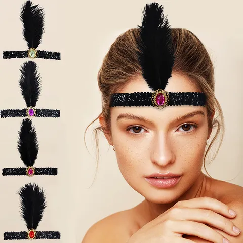 1920s Vintage Feather Headband Sequins Rhinestone Flapper Headpiece Halloween Masquerade Costume Hair Accessories Women
