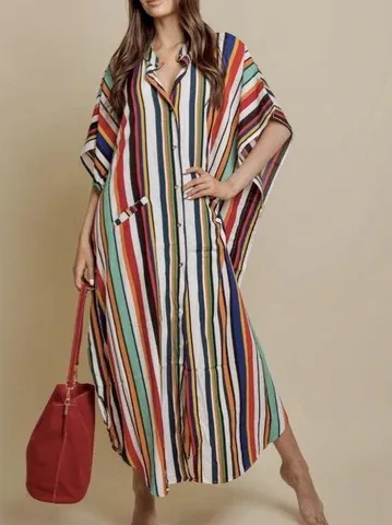 Women Printed Beach Vacation Maxi Dress Batwing Sleeve Polyester Sunscreen Open Front Cardigan Dress Loose Long Holiday Wear