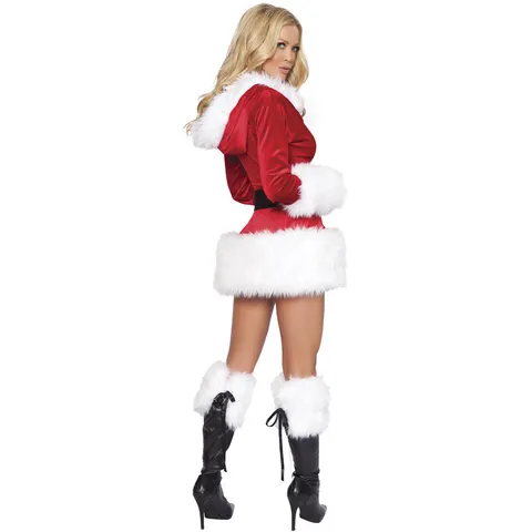 Mini Robe de Noël Sexy à Capuche Femme Costume de Jeu de Rôle en Velours Rouge avec Bordure en Fausse Fourrure et Ceinture