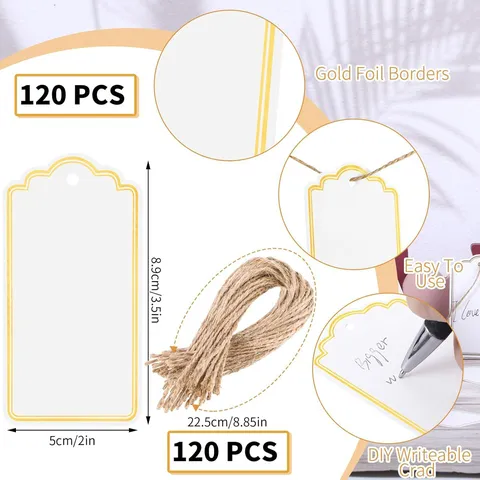 Étiquettes Cadeaux Vierges en Feuille d'Or Cartes en Papier Avec Ficelle de Jute Étiquettes à Suspendre DIY Pour Anniversaire Mariage Fête Décoration d'Emballage Cadeau