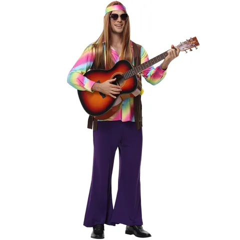 Men Hippie Disco Costume Rainbow Tie Dye Shirt Bell Bottom Pants For Music Festival Party Rock Disco 70s Retro Outfit