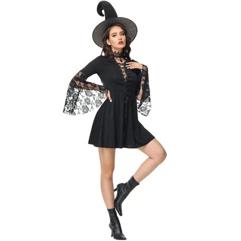 Costume da Strega Gotica Donna Halloween Cosplay Costume Punk Mago Abito Magico Con Maniche in Pizzo E Cappello da Strega Set