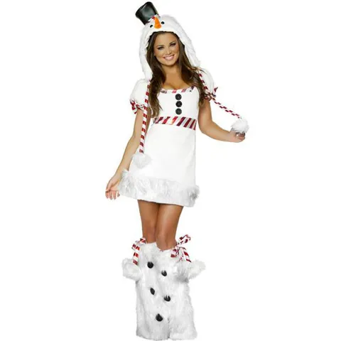 Women Sexy Snowman Christmas Costume Hooded White Dress And Matching Boot Covers Red White Striped Cosplay Uniform Party Wear