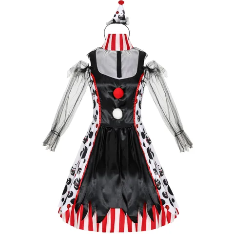 Women Halloween Vampire Clown Cosplay Costume Striped Polka Dot Dress With Hat Neck Ring For Carnival Stage Performance Party