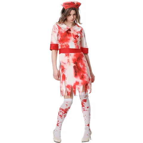Halloween Bloodstained Zombie Nurse Cosplay Costume Polyester Bloody Dress And Headpiece For Horror Party Women Holiday Apparel
