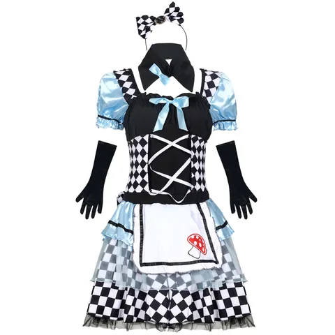 Women Halloween Alice Maid Costume Lolita Dress Chessboard Pattern Cosplay Set Blue Gothic Party Outfit With Headpiece Gloves
