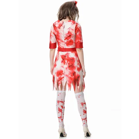 Halloween Bloodstained Zombie Nurse Cosplay Costume Polyester Bloody Dress And Headpiece For Horror Party Women Holiday Apparel