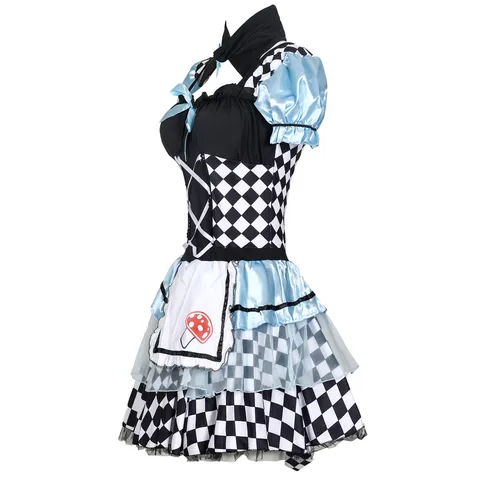 Women Halloween Alice Maid Costume Lolita Dress Chessboard Pattern Cosplay Set Blue Gothic Party Outfit With Headpiece Gloves