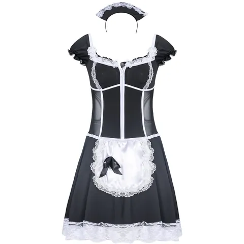 Sexy French Maid Cosplay Costume For Women Black White Maid Dress Roleplay Lingerie Set With Headpiece Apron For Halloween Party