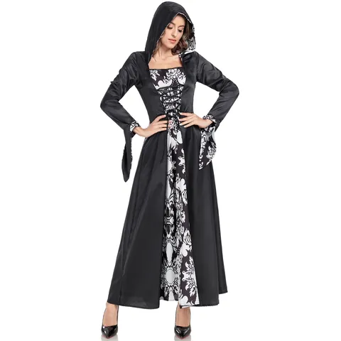Mittelalterliches Vintage Gothic Kleid mit Kapuze Damen Halloween Cosplay Kostüm Bedruckt Palast Punk Langes Kleid Party Outfits
