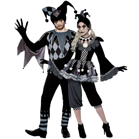 Halloween Evil Clown Costume Gothic Harlequin Top And Bottom Scary Circus Outfit For Cosplay Party Horror Jester Suit With Hat Accessory