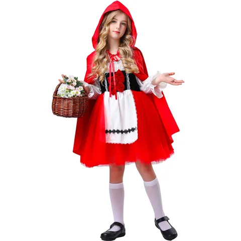 Παιδική Στολή Κοκκινοσκουφίτσα Κορίτσια Halloween Cosplay Φόρεμα Με Κάπα Με Κουκούλα Κόκκινο Λευκό Πολυεστέρα Τυπωμένο Σύνολο Πάρτι