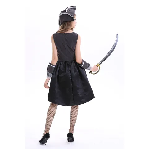 Women Halloween Pirate Costume Cotton Blend Dress With Hat Sleeves Caribbean Captain Cosplay Party Performance Dress