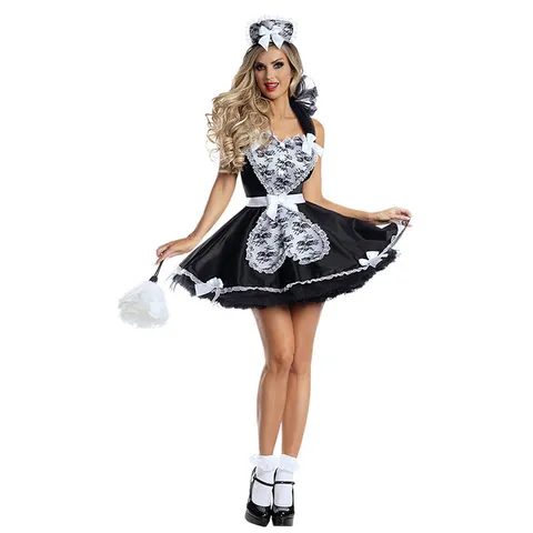 Women's Sexy French Maid Costume Halloween Cosplay Outfit Black White Lace Dress Headpiece Apron For Party Performance Uniform
