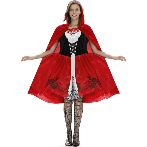 Women Little Red Riding Hood Costume Set Hooded Cloak And Dress Halloween Cosplay Outfit Plus Size Thickened Polyester Fancy Dress