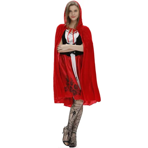 Women Little Red Riding Hood Costume Set Hooded Cloak And Dress Halloween Cosplay Outfit Plus Size Thickened Polyester Fancy Dress