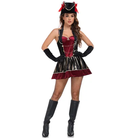 Sexy Gothic Pirate Cosplay Costume Women Halloween Jack Sparrow Style Blended Spandex Satin Patent Leather Dress Hat Accessories