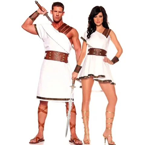 Ancient Roman Greek Warrior Costume For Adults Halloween Cosplay Outfit White PU Leather Dress Robe For Men Women Carnival Party Stage Apparel
