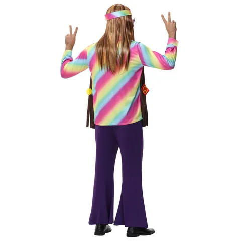 Men Hippie Disco Costume Rainbow Tie Dye Shirt Bell Bottom Pants For Music Festival Party Rock Disco 70s Retro Outfit