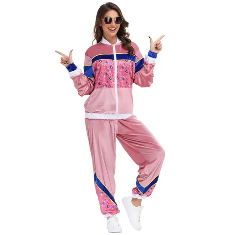 70s Retro Disco Music Festival Costume Women Hip Hop Velvet Tracksuit Set Pink Blue Printed Geometric Pattern Stage Outfit