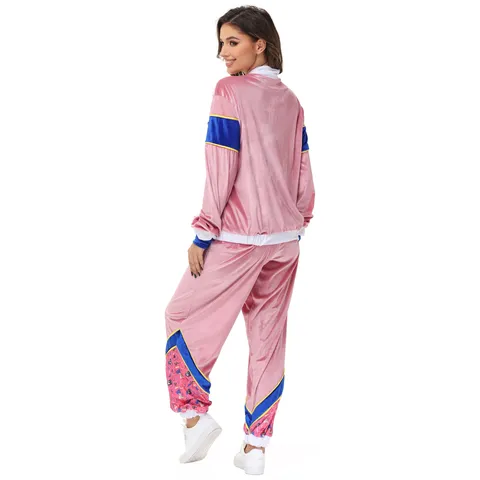 70s Retro Disco Music Festival Costume Women Hip Hop Velvet Tracksuit Set Pink Blue Printed Geometric Pattern Stage Outfit