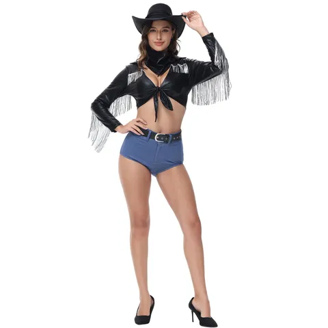 Sexy Western Cowboy Stage Performance Outfit With Tassels Black Top And Bottom Faux Leather Fringe Costume For Carnival Music Festival Party