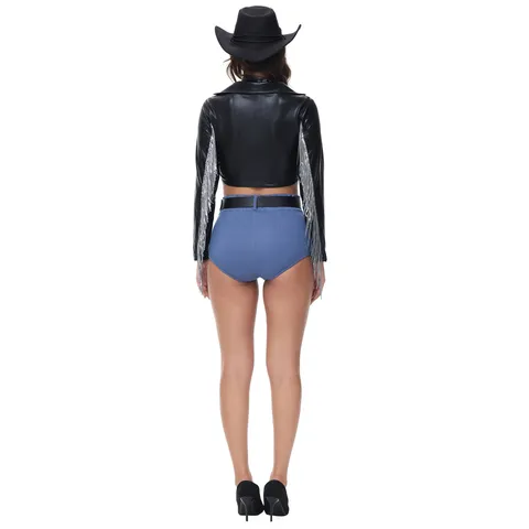 Sexy Western Cowboy Stage Performance Outfit With Tassels Black Top And Bottom Faux Leather Fringe Costume For Carnival Music Festival Party