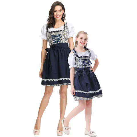 Bavarian Oktoberfest Dirndl Dress For Women Kids German Beer Festival Costume Maid Servant Outfit Floral Apron Set