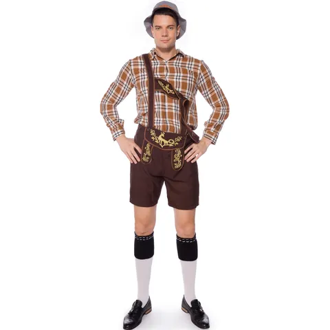 Traditional Bavarian Oktoberfest Costume Traditional German Beer Festival Plaid Shirt And Embroidered Lederhosen Top And Bottom Set For Men Women Halloween Role Play Outfit