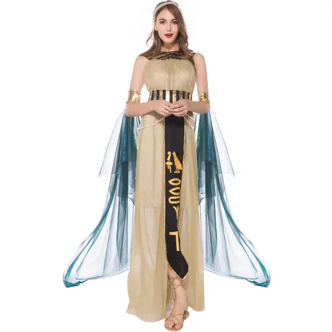 Women Egyptian Cleopatra Costume Halloween Cosplay Ancient Roman Goddess Dress With Headpiece Cloak Party Performance Outfit
