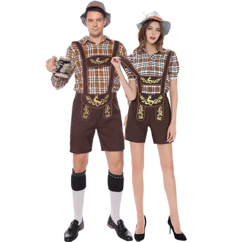 Traditional Bavarian Oktoberfest Costume Traditional German Beer Festival Plaid Shirt And Embroidered Lederhosen Top And Bottom Set For Men Women Halloween Role Play Outfit
