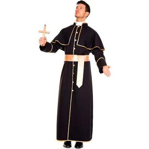 Ensemble de Costume Cosplay Prêtre Nonne pour Hommes Femmes Fête d'Halloween Tenue de Soirée Robe Longue Foulard Avec Accessoire de Croix
