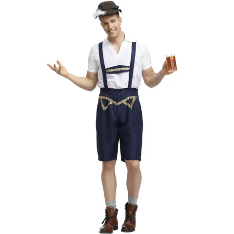 Heren Duits Oktoberfest Kostuum Beierse Lederhosen Outfit Set Wit Overhemd Donkerblauwe Bretels Short Met Hoed Voor Halloween Feest