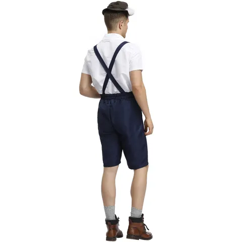 Heren Duits Oktoberfest Kostuum Beierse Lederhosen Outfit Set Wit Overhemd Donkerblauwe Bretels Short Met Hoed Voor Halloween Feest