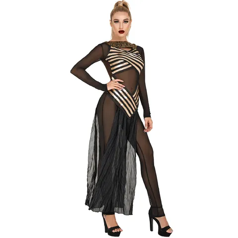 Women Halloween Egyptian Cleopatra Greek Goddess Costume Mesh Patchwork Gold Stripe Greek Key Pattern Dress For Party Stage Wear