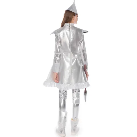 Women Tin Man Cosplay Costume Set Silver Metallic Dress Pants Hat Axe Prop Wizard Of Oz Halloween Stage Performance Top And Bottom Outfit