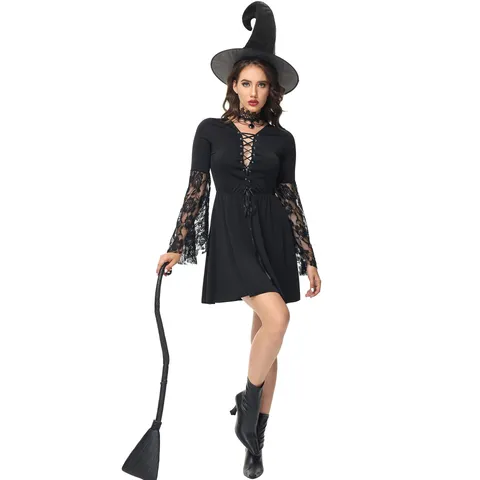Costume da Strega Gotica Donna Halloween Cosplay Costume Punk Mago Abito Magico Con Maniche in Pizzo E Cappello da Strega Set