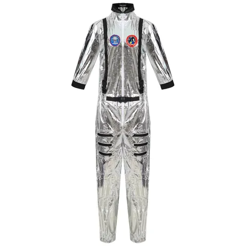 Unisex Silver Astronaut Costume Jumpsuit Metallic Space Suit For Men Women Couples Halloween Cosplay Performance Uniform