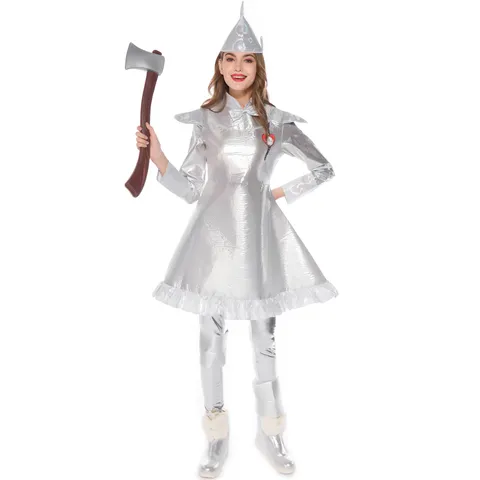 Women Tin Man Cosplay Costume Set Silver Metallic Dress Pants Hat Axe Prop Wizard Of Oz Halloween Stage Performance Top And Bottom Outfit