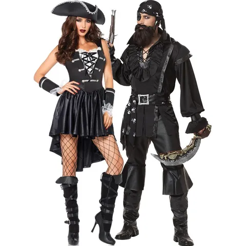 Halloween Pirate Costume For Men Women Cotton Blend Cosplay Party Outfit Ruffle Top And Bottom Set Dress For Stage Performance