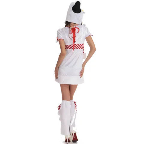 Women Sexy Snowman Christmas Costume Hooded White Dress And Matching Boot Covers Red White Striped Cosplay Uniform Party Wear