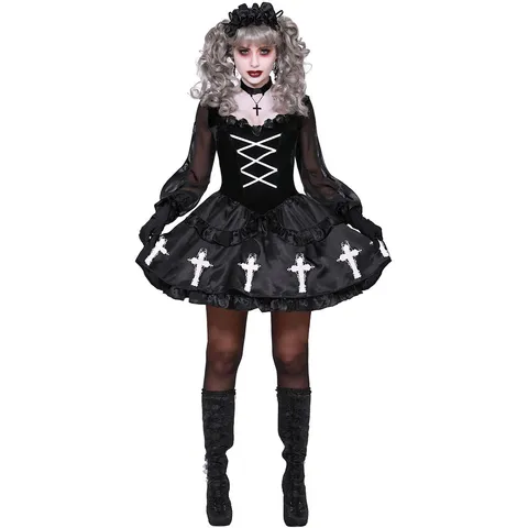 Women Gothic Vampire Nun Halloween Costume Polyester Cross Print Ghost Bride Cosplay Dress Black Party Performance Apparel