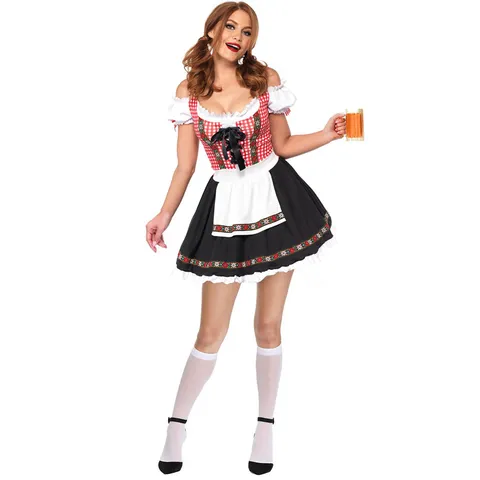 Costume Dirndl d'Oktoberfest Allemand pour Femmes Ensemble Robe de Serveuse de Bière Vichy Rouge Blanc Tenue de Scène Avec Tablier Polyester