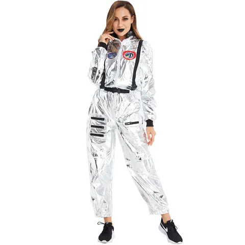 Unisex Silver Astronaut Costume Jumpsuit Metallic Space Suit For Men Women Couples Halloween Cosplay Performance Uniform