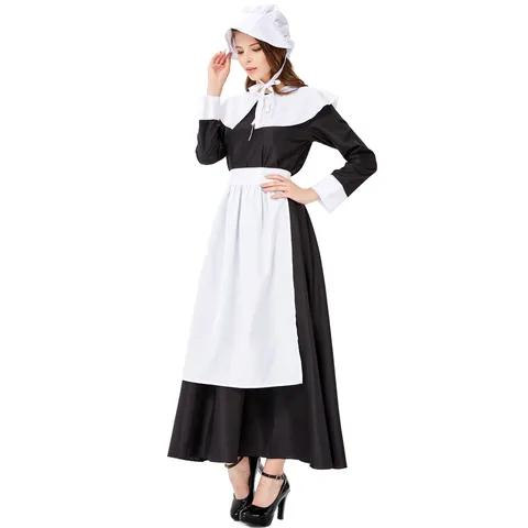Costume de Servante Vintage Noir Blanc Femme Robe Maxi Manches Longues Avec Tablier Chapeau Halloween Cosplay Polyester