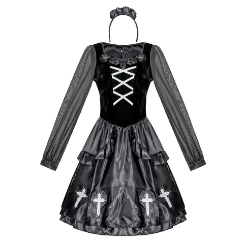 Women Gothic Vampire Nun Halloween Costume Polyester Cross Print Ghost Bride Cosplay Dress Black Party Performance Apparel